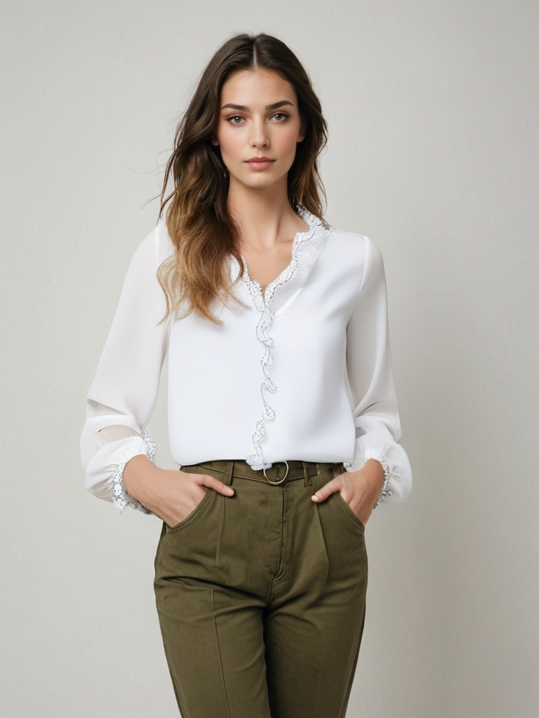 Women's Long Sleeve Ruffle Blouse - Elegant Summer Style - White