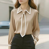 Women's Long Sleeve Tie Neck Button-Down Blouse - Contrast Trim - Beige