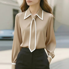 Women's Long Sleeve Tie Neck Button-Down Blouse - Contrast Trim - Beige