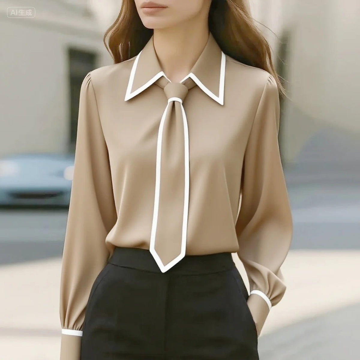 Women's Long Sleeve Tie Neck Button-Down Blouse - Contrast Trim - Beige