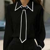 Women's Long Sleeve Tie Neck Button-Down Blouse - Contrast Trim - Black