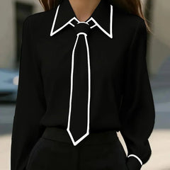 Women's Long Sleeve Tie Neck Button-Down Blouse - Contrast Trim - Black