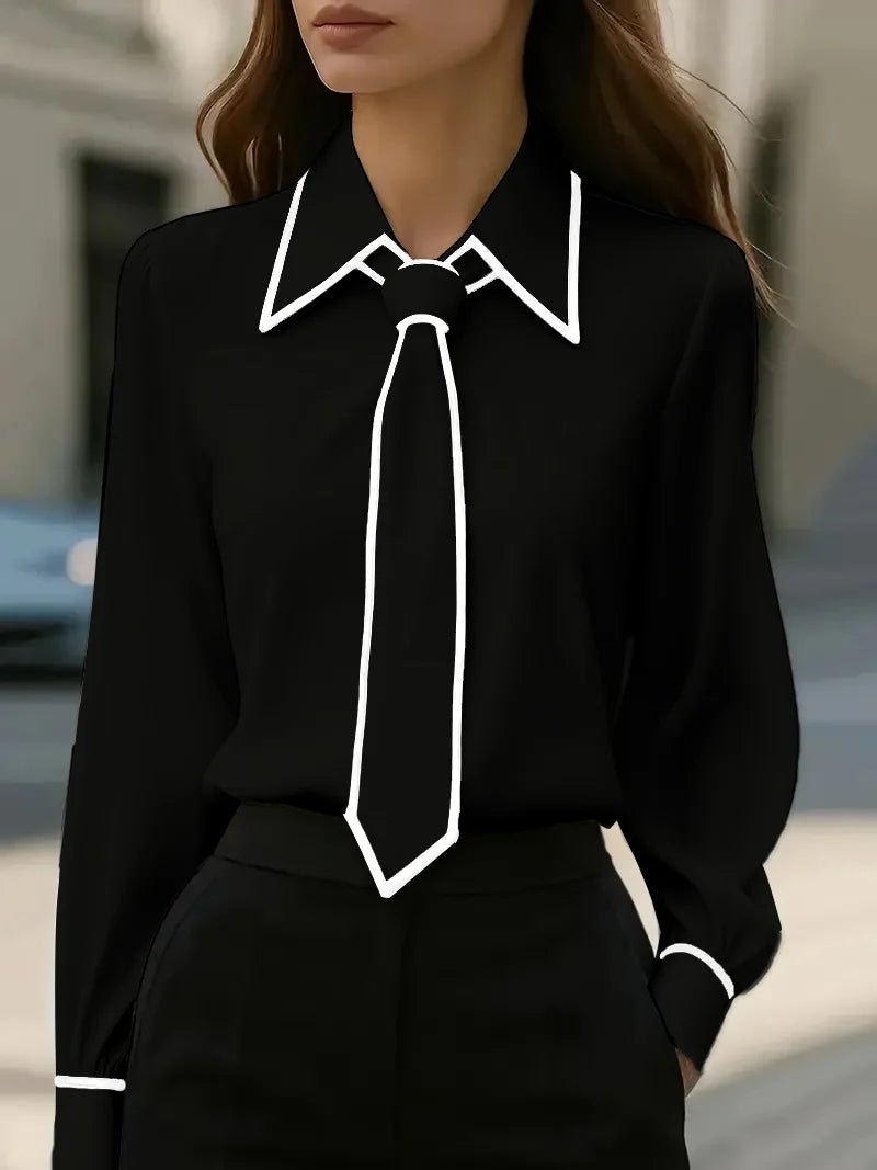 Women's Long Sleeve Tie Neck Button-Down Blouse - Contrast Trim - Black