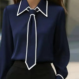 Women's Long Sleeve Tie Neck Button-Down Blouse - Contrast Trim - Navy Blue