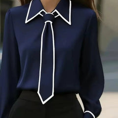 Women's Long Sleeve Tie Neck Button-Down Blouse - Contrast Trim - Navy Blue