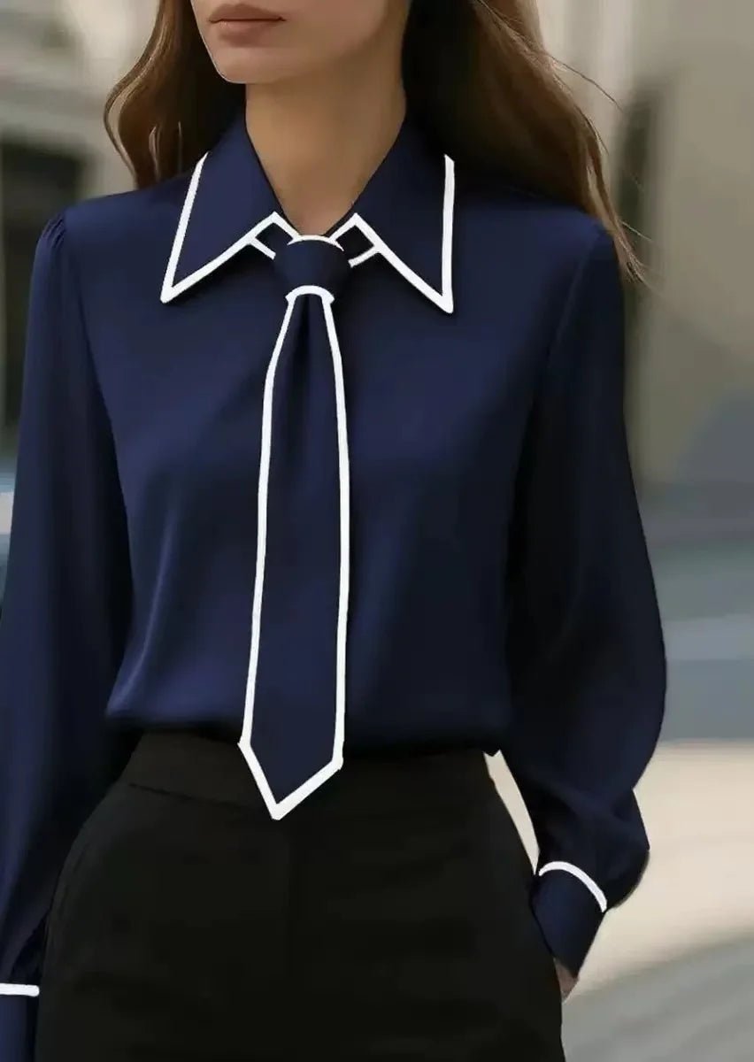 Women's Long Sleeve Tie Neck Button-Down Blouse - Contrast Trim - Navy Blue