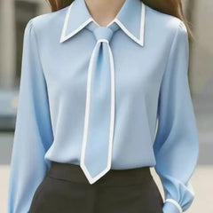 Women's Long Sleeve Tie Neck Button-Down Blouse - Contrast Trim - Sky Blue