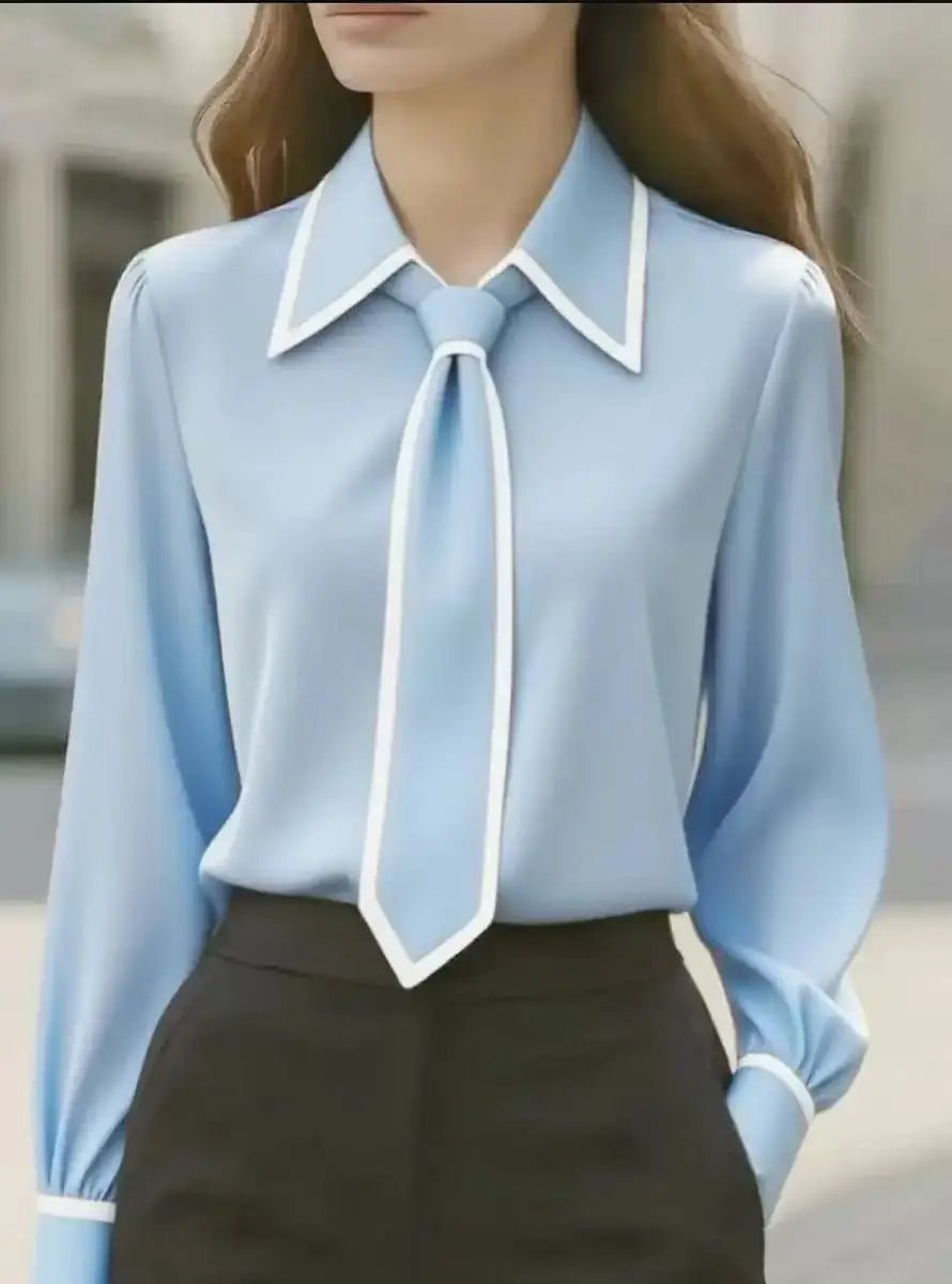 Women's Long Sleeve Tie Neck Button-Down Blouse - Contrast Trim - Sky Blue