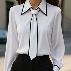 Women's Long Sleeve Tie Neck Button-Down Blouse - Contrast Trim - White