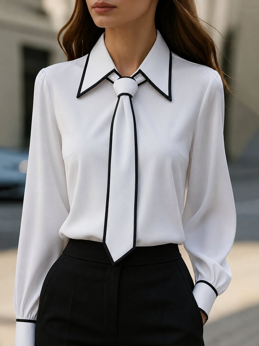 Women's Long Sleeve Tie Neck Button-Down Blouse - Contrast Trim - White
