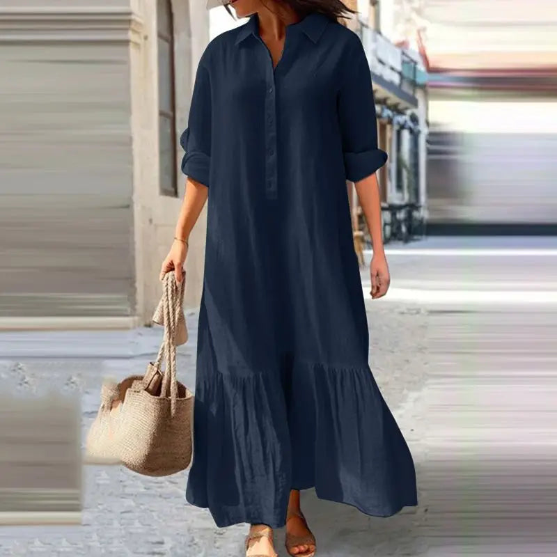 Women's Long Summer Dress - Button Front Casual - Navy