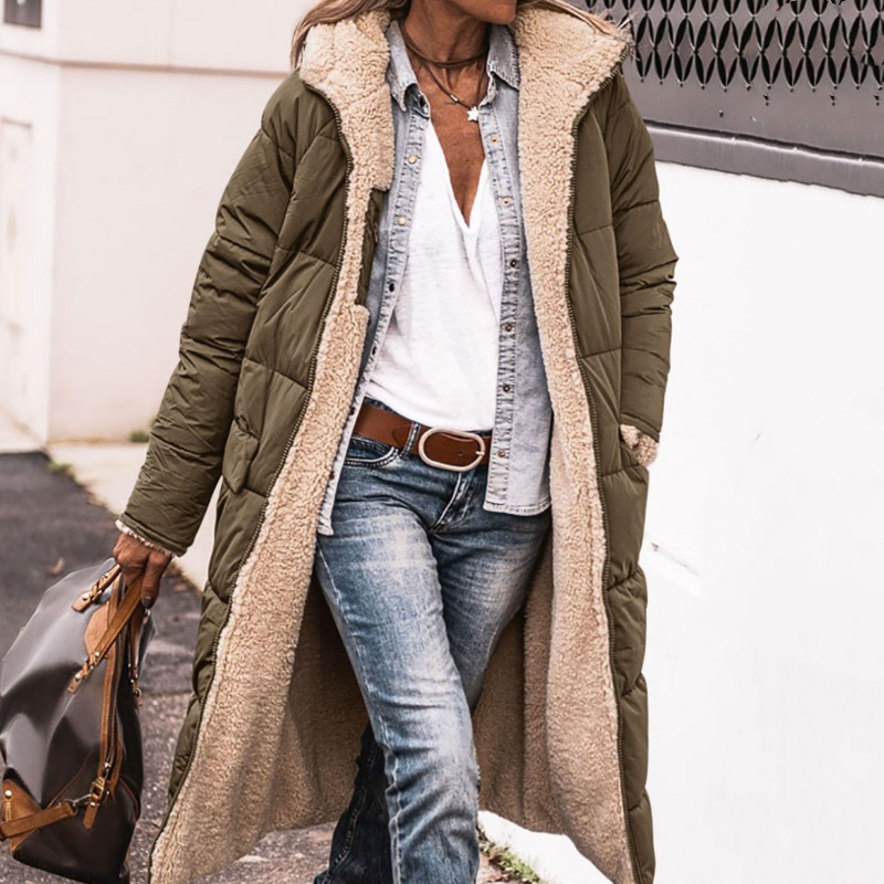 Women's Long Teddy Coat | Faux Fur Lined | Winter - Green