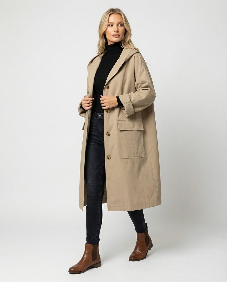Women's Long Waterproof Hooded Trench Coat - Classic Knee-Length - Beige