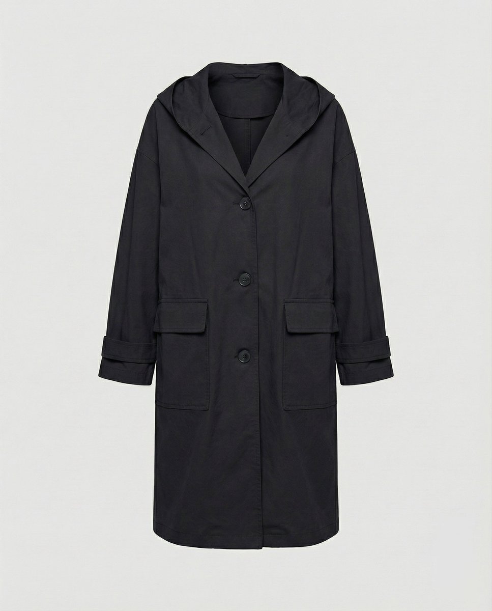 Women's Long Waterproof Hooded Trench Coat - Classic Knee-Length - Black