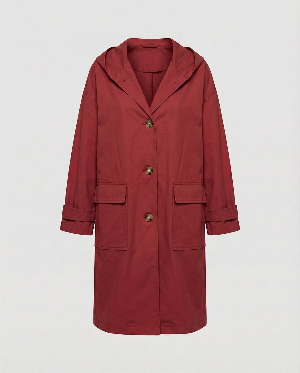 Women's Long Waterproof Hooded Trench Coat - Classic Knee-Length - Red