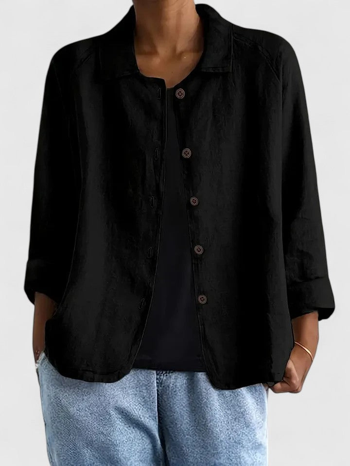 Women's Loose Fit Button-Up Top - Versatile Layering Piece | Autumn - Black