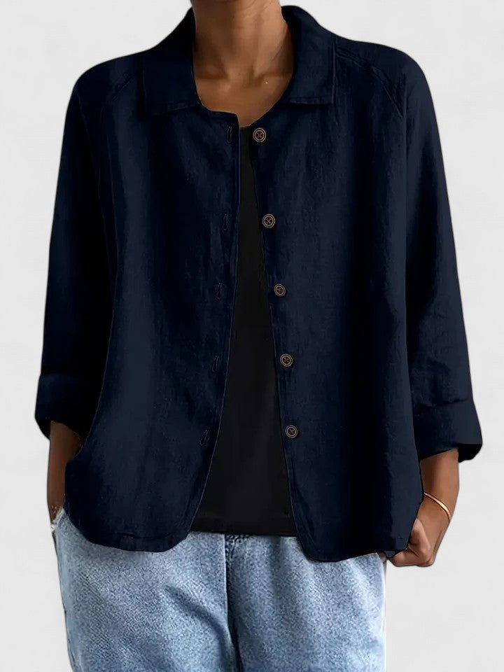 Women's Loose Fit Button-Up Top - Versatile Layering Piece | Autumn - Navy