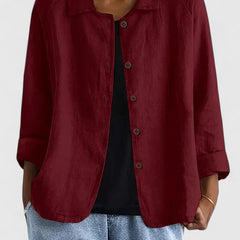 Women's Loose Fit Button-Up Top - Versatile Layering Piece | Autumn - Red