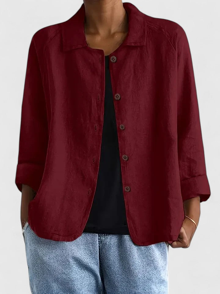 Women's Loose Fit Button-Up Top - Versatile Layering Piece | Autumn - Red