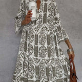Women's Loose-Fit Floral Print Tiered Tunic Dress | Spring - Khaki