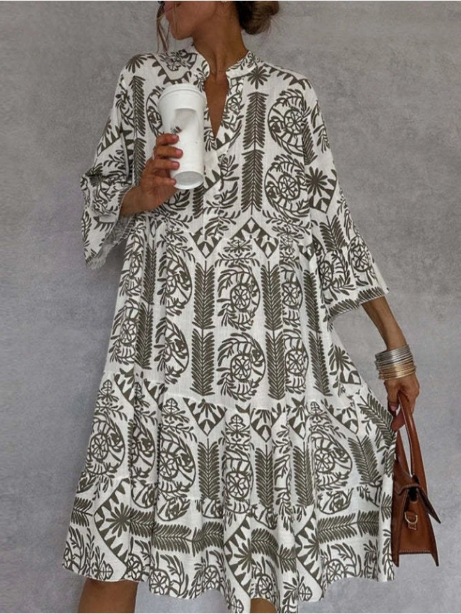 Women's Loose-Fit Floral Print Tiered Tunic Dress | Spring - Khaki