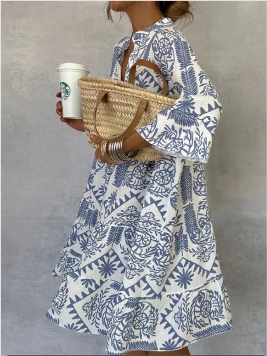 Women's Loose-Fit Floral Print Tiered Tunic Dress | Spring - Light Blue