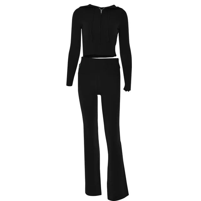 Women's Lounge Set | Hoodie & Flared Pants | Soft | Autumn - Black
