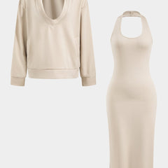 Women's Lounge Set | Hoodie & Midi Dress | Casual | Spring - Beige