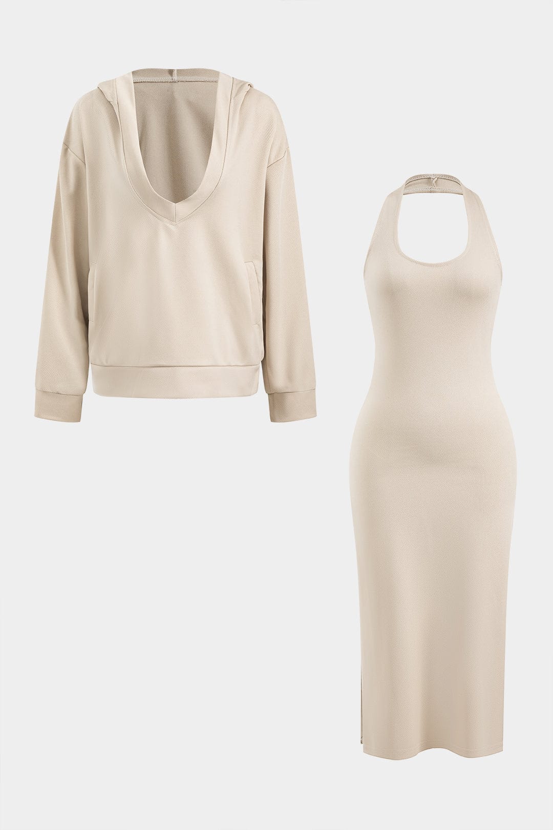Women's Lounge Set | Hoodie & Midi Dress | Casual | Spring - Beige