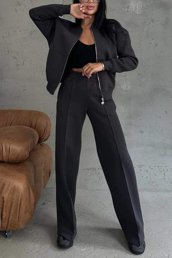 Women's Lounge Set | Oversized | Zip-Up | Autumn - Black