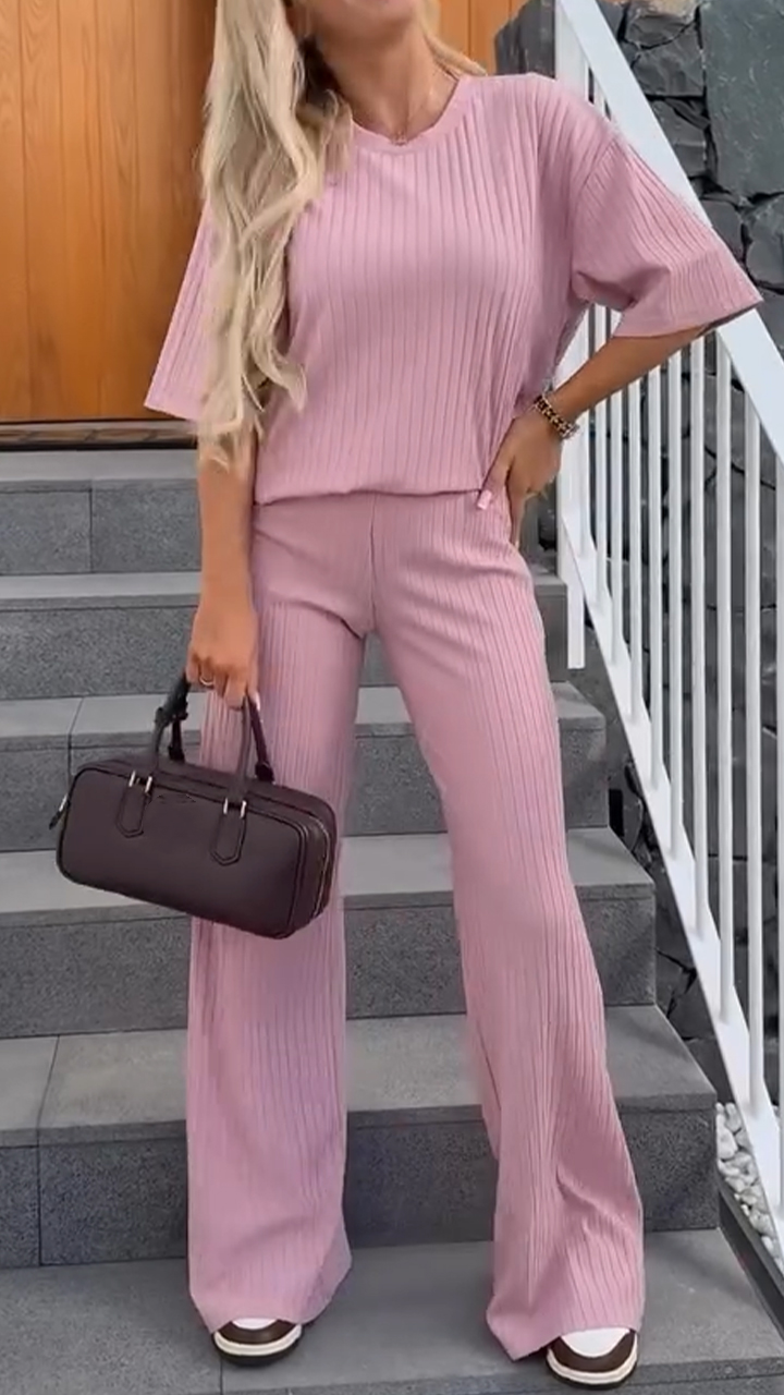 Women's Lounge Two Piece Set - Relaxed Fit Top & Straight Pants - Blush Pink