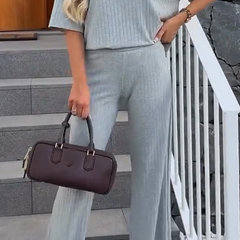 Women's Lounge Two Piece Set - Relaxed Fit Top & Straight Pants - Grey