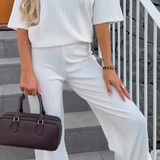 Women's Lounge Two Piece Set - Relaxed Fit Top & Straight Pants - White