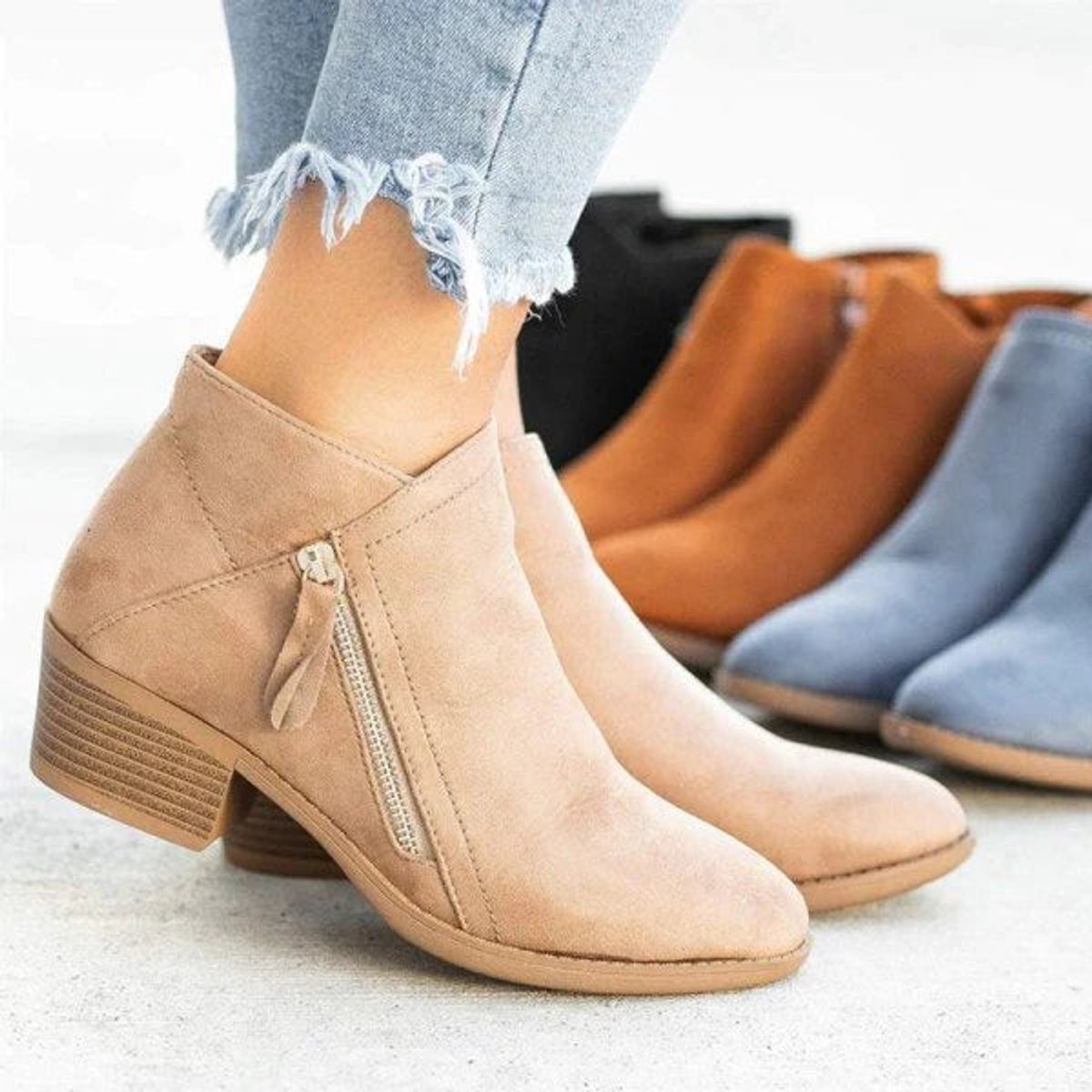 Women's Low-Heel Side-Zip Suede Ankle Boots - Everyday Comfort - Beige