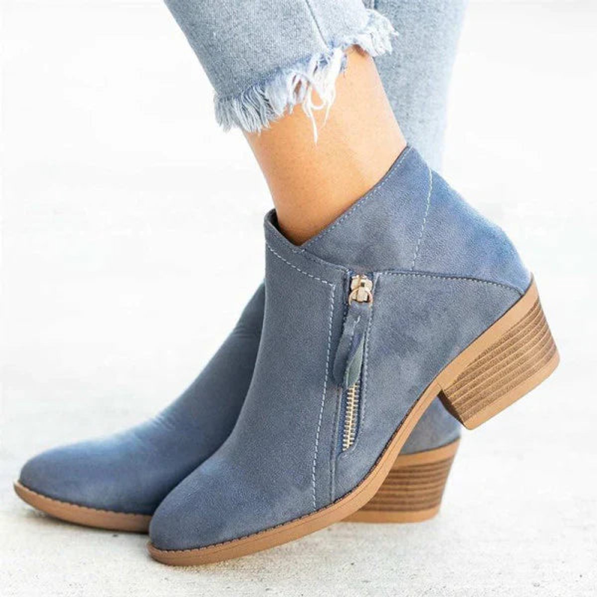 Women's Low-Heel Side-Zip Suede Ankle Boots - Everyday Comfort - Blue