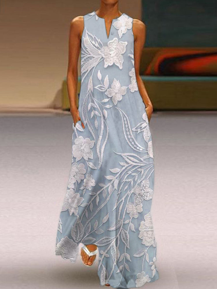 Women's Maxi Dress | Elegant Floral Detail | Summer - Blue