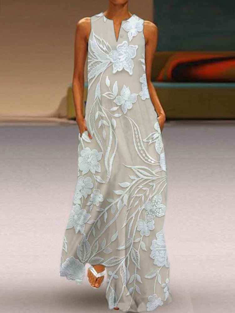 Women's Maxi Dress | Elegant Floral Detail | Summer - Khaki