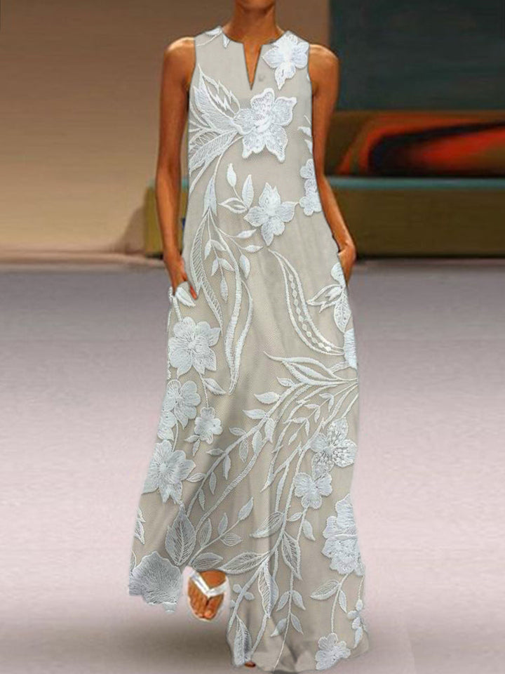 Women's Maxi Dress | Elegant Floral Detail | Summer - Khaki