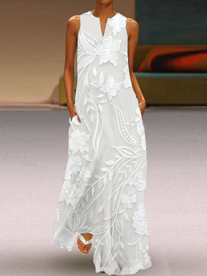 Women's Maxi Dress | Elegant Floral Detail | Summer - White