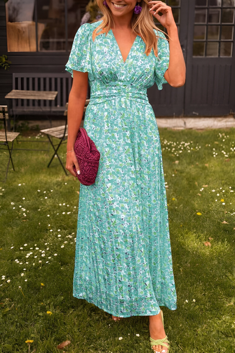 Women's Maxi Dress | Floral V-Neck | Spring - Green
