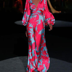 Women's Maxi Dress | Long Sleeve | Floral | Summer - Pink