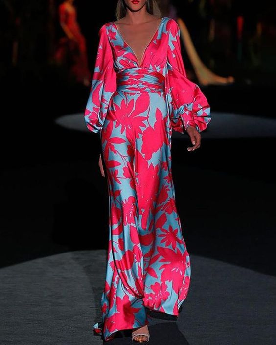 Women's Maxi Dress | Long Sleeve | Floral | Summer - Pink
