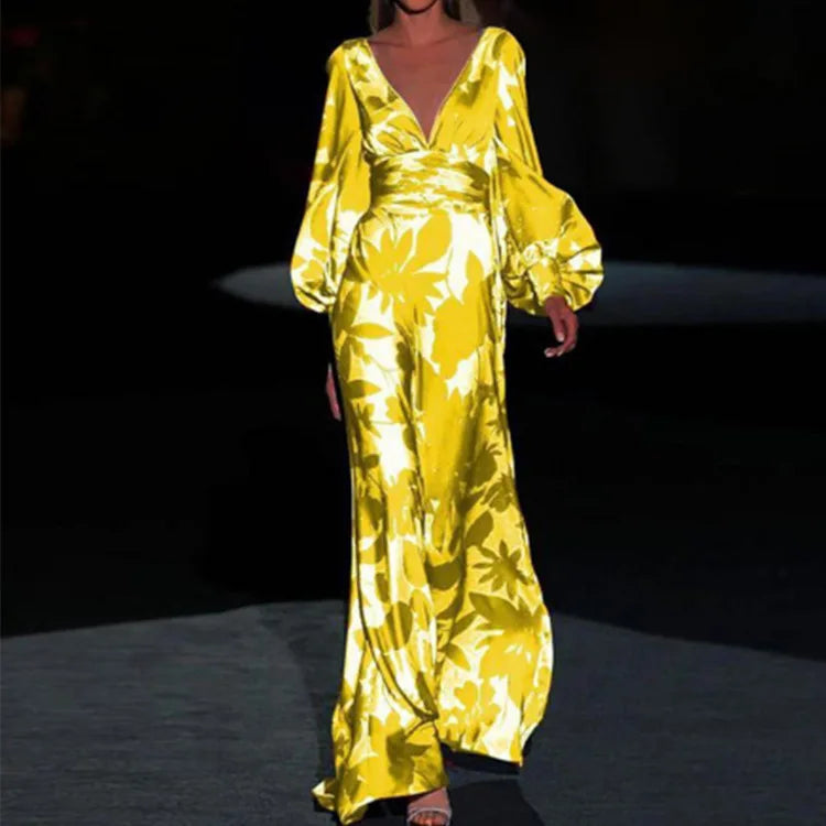 Women's Maxi Dress | Long Sleeve | Floral | Summer - Yellow