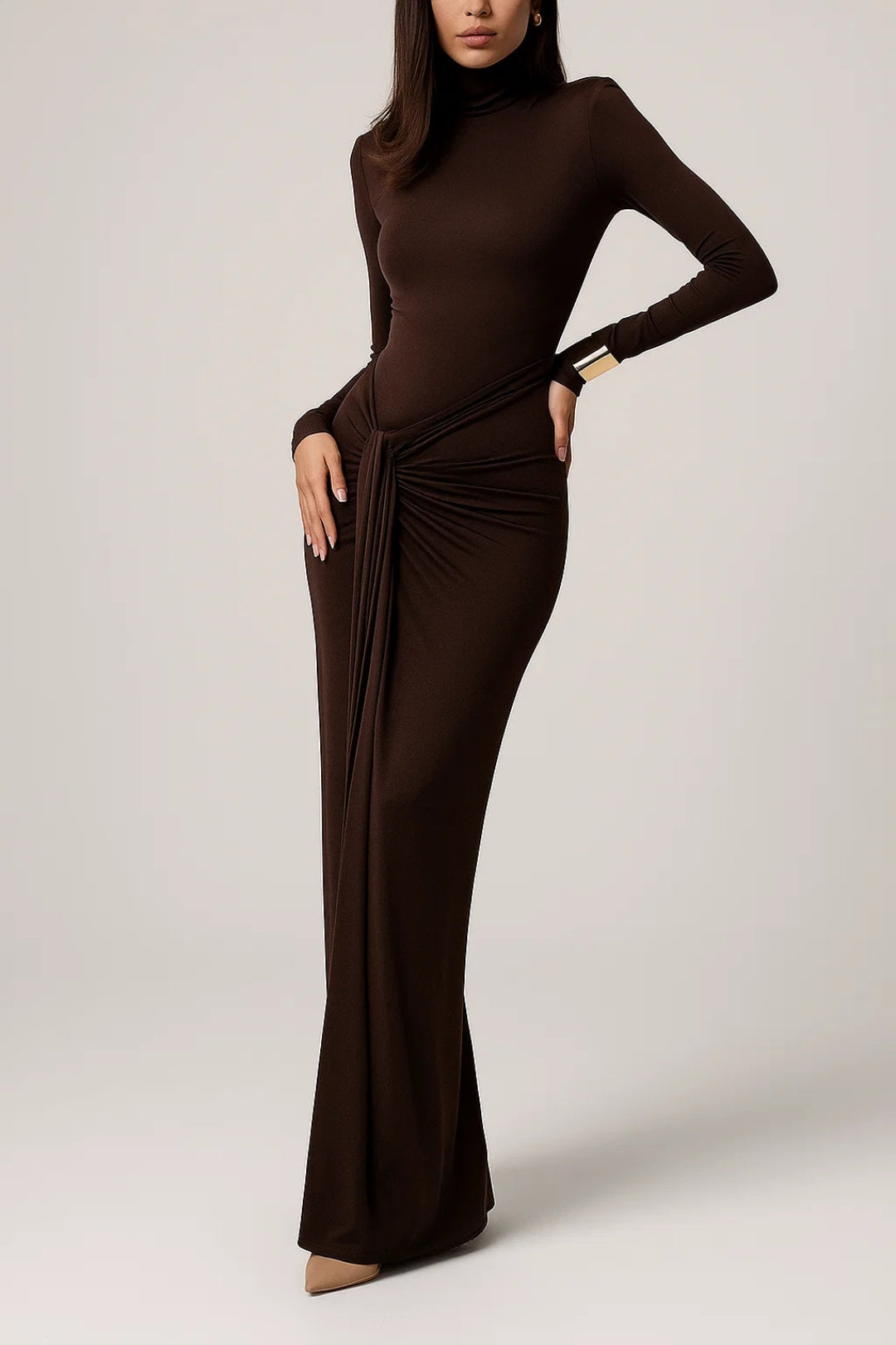 Women's Maxi Dress | Long Sleeves | Elegant Slit | Autumn - Brown