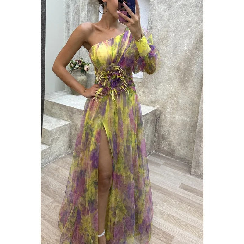Women's Maxi Dress | One Shoulder | Multicolor Print | Summer - Yellow