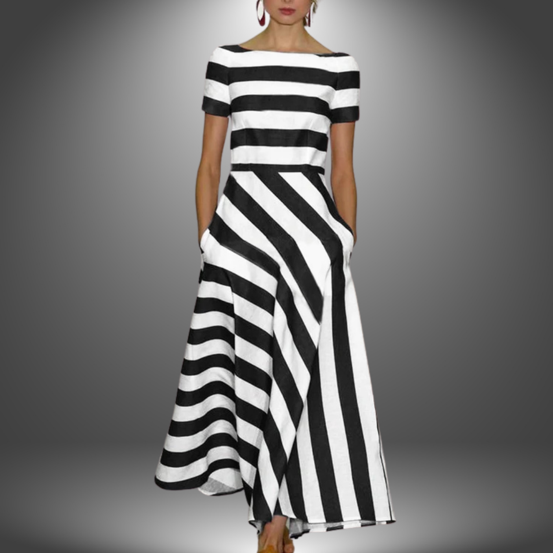 Women's Maxi Dress | Striped | Short Sleeve | Summer - Black