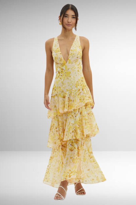 Women's Maxi Dress | Tiered | V-Neck | Summer - Yellow