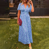 Women's Maxi Dress | V Neck | Short Sleeve | Vibrant Print | Summer - Blue