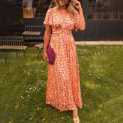 Women's Maxi Dress | V Neck | Short Sleeve | Vibrant Print | Summer - Orange