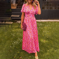 Women's Maxi Dress | V Neck | Short Sleeve | Vibrant Print | Summer - Red